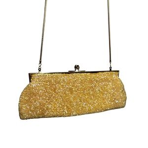 Vintage Valerie Stevens Gold Beaded Evening Clutch Bag Kiss Lock Crossbody Chain